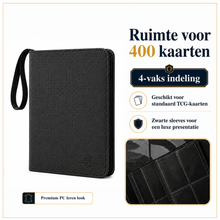 Zwarte verzamelmap geschikt voor Pokémon-kaarten met 4-pocket indeling en ruimte voor 400 kaarten